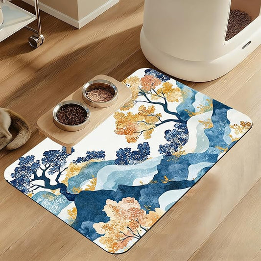 Japanese Wave Tree Dog Food Mat–Christmas Stocking Absorbent Quick Dry Feeding Placemat for Food and Water Bowls, Non Slip Rubber Backing, Waterproof Pet Supplies for Mess-Free Eating 16"x24"