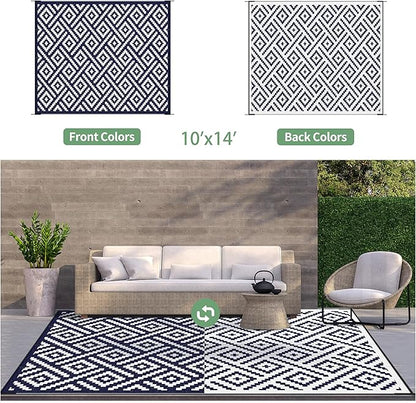 GENIMO Outdoor Rug for Patio Clearance, 10'x14' Waterproof Large Camping Mat, Reversible Plastic Straw Rugs for RV, Camper, Balcony, Backyard, Picnic, Deck (Navy Blue & White)