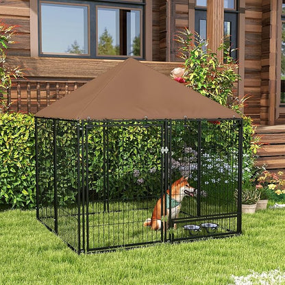 PawHut Outside Dog Kennel, 4.6' x 4.6' x 5' Puppy Play Pen with Canopy, Garden Playpen Fence Crate Enclosure Cage Rotating Bowl, for Dogs, Chickens, Ducks, Black
