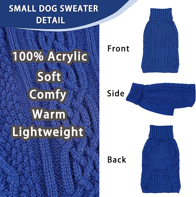 Dog Sweaters Small Dog Clothes Winter Turtleneck Puppy Sweater Warm Pet Cat Sweater Doggy Pullover Outfit with Twisted Design XS~XL(Navy Blue, X-Large)