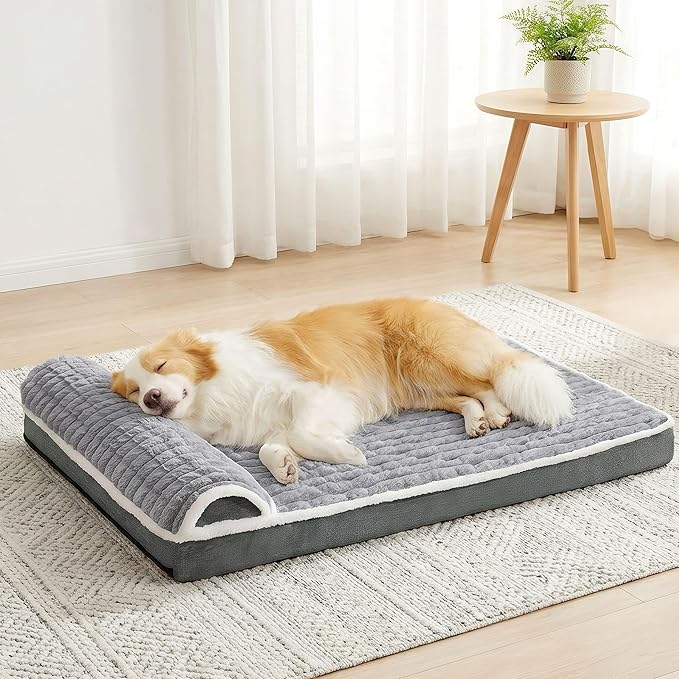 Orthopedic Dog Bed Medium Size Dog with Pillow 30''X20'', Waterproof Soft Comfortable Egg Crate Foam Pet Crate Beds Mat with Removable Washable Cover and Non-Slip Bottom, Grey