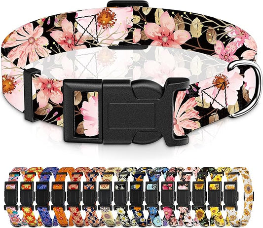 Dog Collar for Boys Girls, Floral Puppy Collar for Small Medium Large Dogs, Adjustable Floral Pattern Soft Pet Collar with Safety Buckle for Male Females(Light Pink,L)
