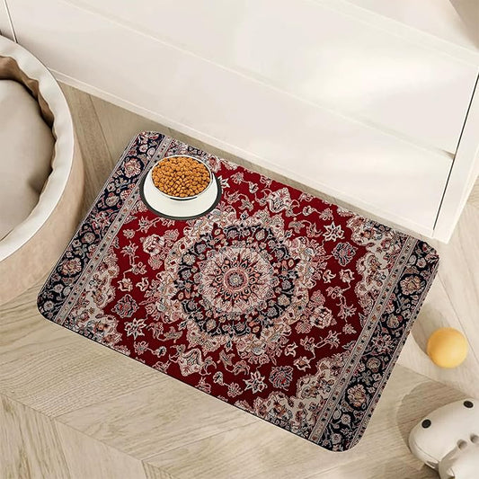 Vintage Carpet Boho Pet Feeding Mat,Absorbent Quick-Dry Cat Dog Food and Water Bowl Mats,Non-Slip Rubber Backing Mat,Cat Dog Accessories Supplies 16"x24"
