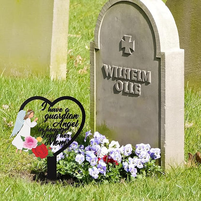 BUoonyer Stake Graves Cemetery Decorations - Mom Metal Memorial Grave Marker, Mother Heart Graveyard Sympathy Plaque, Angel Flower Remembrance Graveside Burial Decor Sign for Outside Yard Garden