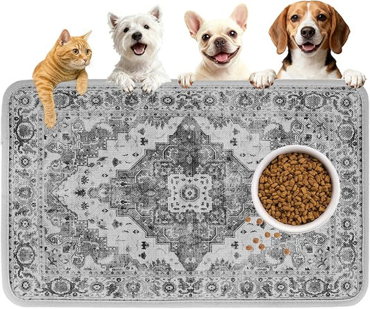 PUPTECK Dog Food Mat, Absorbent Pet Feeding Bowl Mat, Non-Slip Dog Mat for Food and Water, Quick Dry No Stains Cat Placemats Pet Supplies for Messy Drinkers, Grey 12"x20"