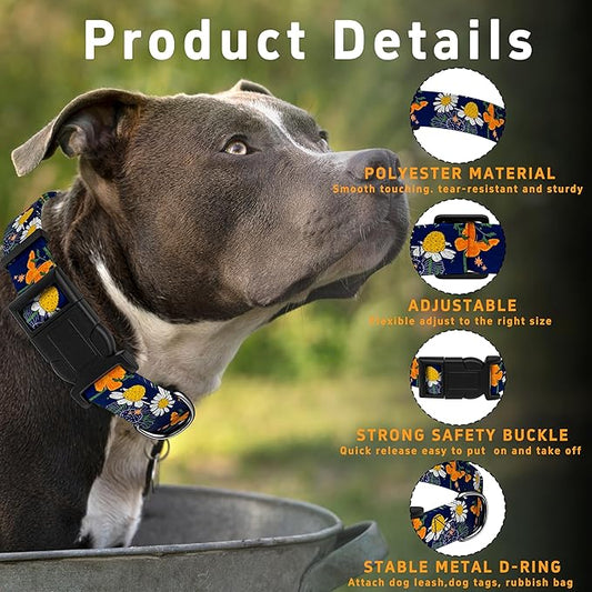 Dog Collar with Butterflies Print, Daisy Boys Girls Puppy Collar for Small Medium Large Dogs, Adjustable Soft Floral Pet Collar with Safety Buckle for Male Females(Blue Butterfly,M)