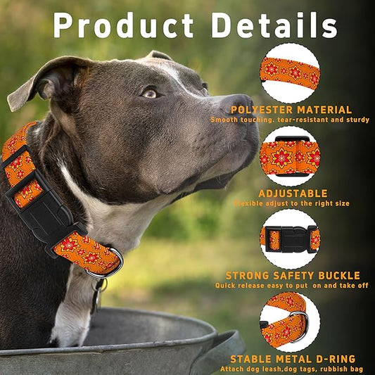 Dog Collar, Classical Indian Spirit Boys Girls Puppy Collar for Small Medium Large Dogs, Adjustable Soft Indian Pet Collar with Safety Buckle for Male Females(Orange, S)