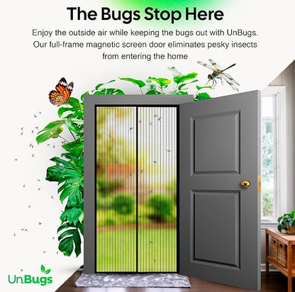 UnBugs Magnetic Screen Door - Fits Doors up to 36 x 82 Inches MAX - Pet & Kid Friendly, Self-Closing - Hands Free Magnet Closure Keeps Bugs Out & Breeze in