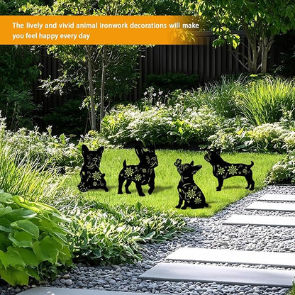 4 Pack Bulldog Metal Garden Decorative Stakes, Weather Proof Puppy Silhouette Statues for Yard, Patio,Outdoor Decor for Bulldog Lovers and Pet Owners