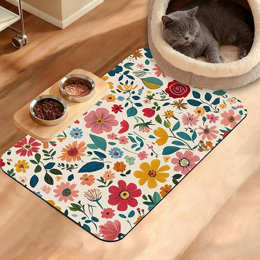 Colorful Flower Feeding Mat,Groovy Wildflowers Absorbent Quick-Dry Cat Dog Food and Water Bowl Mats,Non-Slip Rubber Backing Mat,Cat Dog Accessories Supplies 16" x 24"