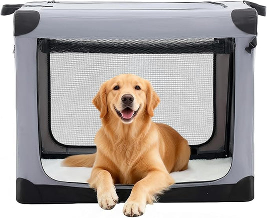Dog Travel Crate 36 Inch, Portable Soft-Sided Travel Carriers for Dogs and Cats, Foldable Pet Kennel with 3-Doors Mesh Windows Indoor & Outdoor, Grey