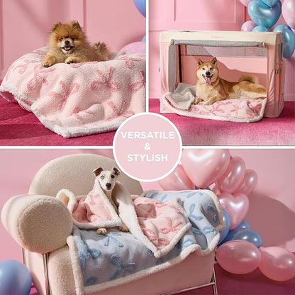 LE SURE Waterproof Puppy Blanket for Medium Dogs - Washable Double Sided Dog Blankets with Warm Jacquard Shag and Soft Sherpa Fleece, Pet Cat Blanket for Couch Protection, Bow Design，Pink Taffy