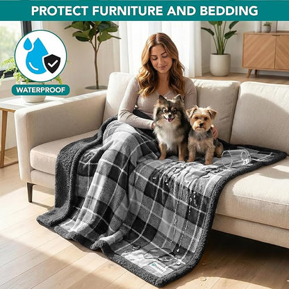 PetAmi Waterproof Dog Blanket for Medium Large Dog Puppy Cat Throw for Couch Cover Leakproof Protection, Sherpa Fleece, Reversible Soft Washable 60x40 Plaid Charcoal Gray