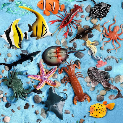 Sea Animals Toys Figures 21Pcs, Plastic Marine Creature Shark Fish Starfish Crab Lobster Octopus Seahorse Coral Jellyfish Ocean Life for Kids Birthday Party Favor Cake Decoration