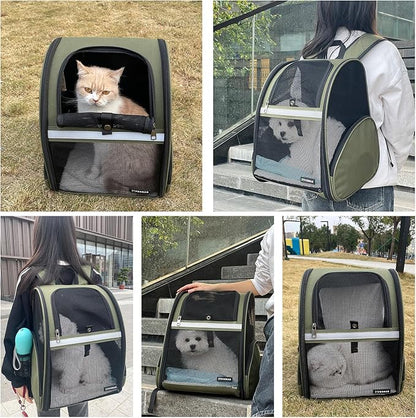 Cat Backpack Carrier for Small Dogs and Medium cat Puppy Kitten Bunny Pet Carrier Backpack Collapsible with Fully Ventilated Mesh with Safety Leash (DarkGreen, 12.9" L x 10.62" W x 15.5" H - M)