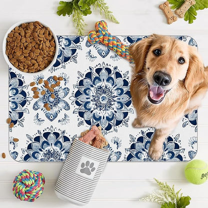 Mandala Flower Dog Food Mat for Floors,Blue Boho Floral Absorbent Quick-Dry Pet Feeding Mat,Cat Dog Bowl Mats for Food and Water,Non-Slip Pet Accessories Supplies 12"x20"