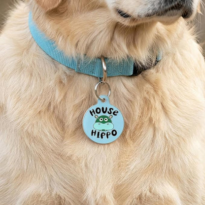 Bad Tags Personalized Dog and Cat ID Tags in 25+ Designs and 2 Sizes - 5 Lines of Custom Engraved Text - Funny Cute Personalized Pet Tags (House Hippo - Blue, Large (1.25 inch))