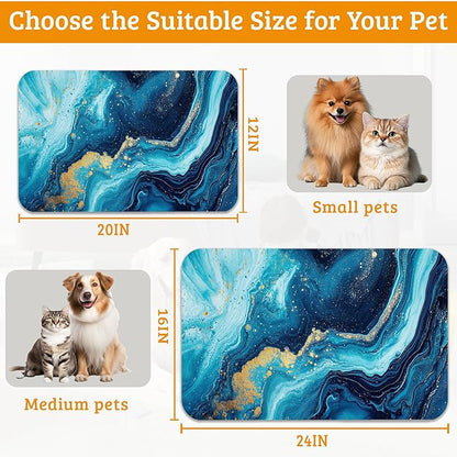 Dog Bowl Mat,Blue Gold Marble Pet Feeding Mat for Floors Waterproof,Flowing Absorbent Dogs Placemat for Food and Water Quick Dry Pet Cat Feeding Mats with Non Slip Bottom 12" x 20"