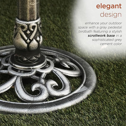 Alpine Corporation TEC116GR Outdoor Pedestal Birdbath w/Scrollwork Base and Stakes, Elegant Birdbath for Garden, 28" H, Gray