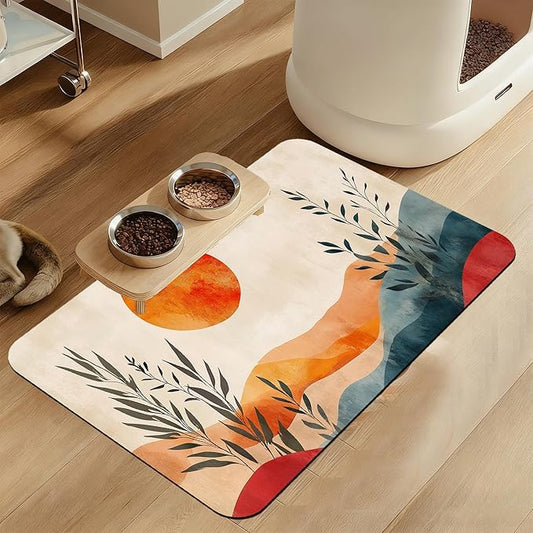 Boho Mountain Sun Pet Food Mat for Cats and Dogs–Christmas Stocking Absorbent Quick Dry Feeding Placemat, Non Slip Rubber Base, Waterproof Bowl Mat for Indoor Use, Pet Supplies 16"x24"