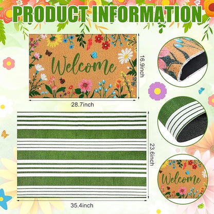 Tinideya 2 Pcs Spring Welcome Door Mat Floral Outdoor Layered Doormats for Front Door Non Slip Wildflower Coir Floor Mat Green White Stripe Rugs for Outside Front Porch Entryway Decor