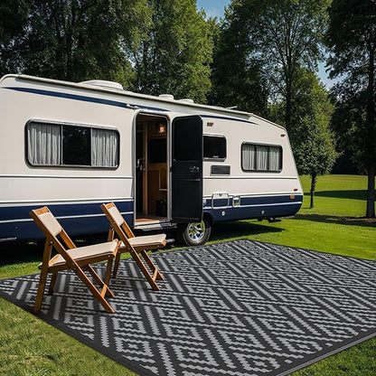 GENIMO Outdoor Rug Waterproof, 10' x 10' Reversible Plastic Straw Rug, Lightweight Large RV Camping Mat for Patio, Deck, Camper, Balcony, Backyard, Picnic, Black & Gray