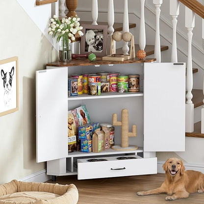 PakaLife Farmhouse Dog Food Storage Corner Cabinet, Dog Feeding Station with 2 Hidden Bowls, Adjustable Panel, 4 Hooks, Pet Feeding Station Corner Cabinet for Medium, Small Sized Dogs
