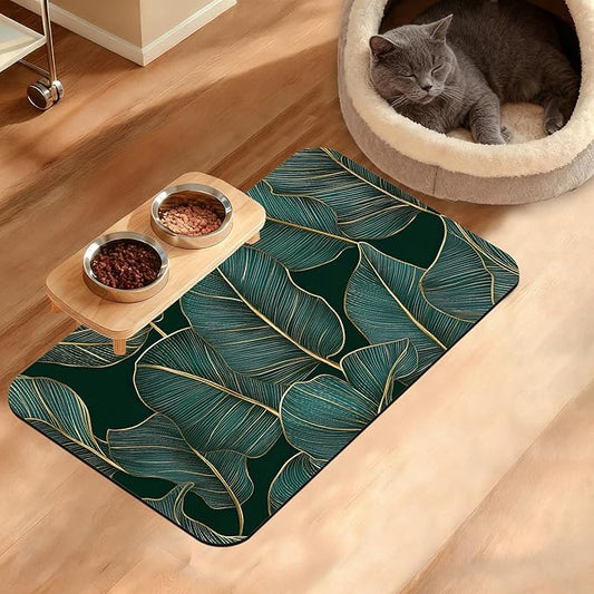 Tropical Palm Feeding Mat,Green Leaves Absorbent Quick-Dry Cat Dog Food and Water Bowl Mats,Non-Slip Rubber Backing Mat,Cat Dog Accessories Supplies 12" x 20"
