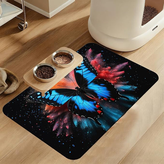 Blue Butterfly on Blooming Pet Feeding Mat–Christmas Stocking Quick Dry Absorbent Dog Cat Food Mat, Non Slip Waterproof Bowl Placemat for Messy Eaters, Pet Accessories for Floors 16"x24"