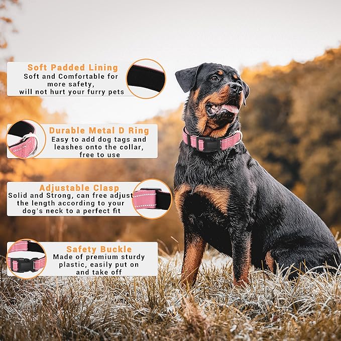 2 Pack Reflective Dog Collar with Safety Locking Buckle, Adjustable Soft Breathable Comfortable Nylon Pet Collar for Small, Medium and Large Dogs, Pink, XL