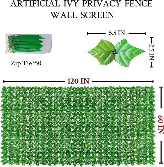Artificial Ivy Fence Privacy Screen,60 x 120 Inch UV-Anti Artificial Fake Ivy Hedge,Light Green Artificial Hedge Backyard Decor for Indoor, Outdoor,Garden,Fence,Balcony and Many Other Scenarios