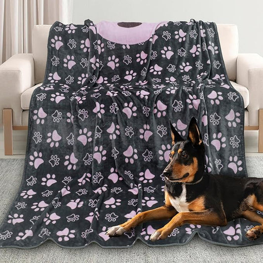 Dog Blankets for Large Dogs,Washable Pet Blanket, Soft Crate Bed with Paw Pattern for Kennel/Couch, Grey & Pink 80x60 Inch