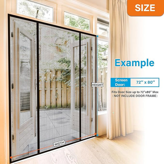 Double Door Fiberglass Magnetic Screen Door，Screen Door Mesh，Keep Bugs Out, Heavy-Duty Mesh Curtain,Pet and Kid Friendly, Works with Front Doors, Sliding Doors（74x80 Inch