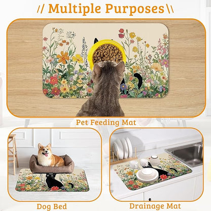 Dog Bowl Mat,Cat Black Pet Feeding Mat for Floors Waterproof,Color Flowers Absorbent Dogs Placemat for Food and Water Quick Dry Pet Cat Feeding Mats with Non Slip Bottom 16" x 24"
