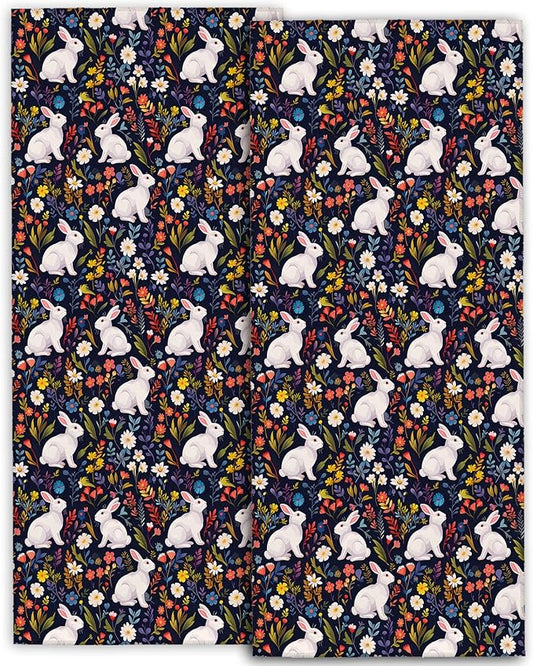 Cute Rabbit Hand Towels - 2 Pack, 14.5" X 28",Soft Microfiber Polyester Dark Towel Set with Adorable Bunny and Floral Pattern,for Fun Bathroom Kitchen Spa Hotel Decor Gifts Women Girls