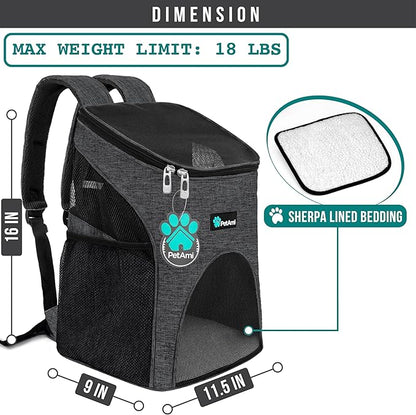 PetAmi Small Dogs and Cat Backpack Carrier, Airline Approved Pet Backpack Carrier, Ventilated, Safety Strap, Buckle Support Designed for Hiking Travel Camping Outdoor, Max 18 lbs (Dark Gray)