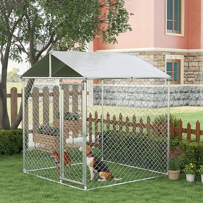 PawHut Outdoor Dog Kennel, Heavy Duty Dog Run Outdoor Fence with Waterproof Cover, Galvanized Chain Link, Secure Lock, for Large Breeds, Chickens, Ducks, 6.5' x 6.5' x 7.8'