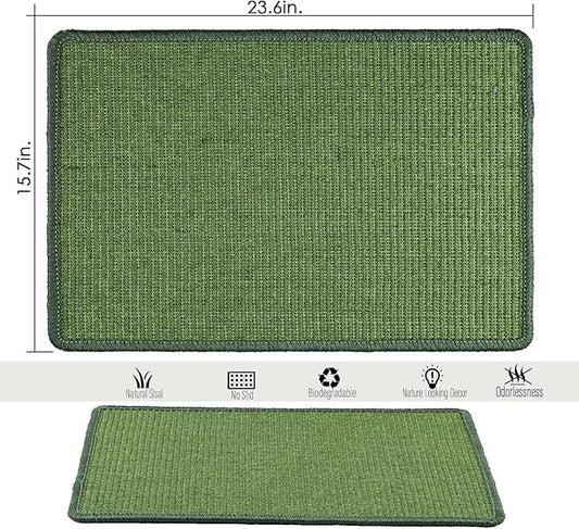 Cat Scratcher Mat, 23.6x15.7inch Natural Sisal Cat Scratchers for Indoor Cats with Velcro,Stick on Floor Cat Wall Scratcher,Horizontal Cat Scratch Mat Protect Furniture (Green Color)
