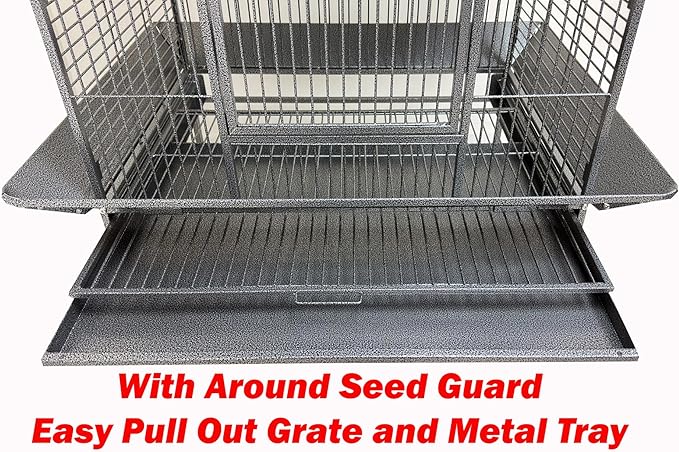 Large Elegant and Durable Wrought Iron Play Ground Perch Stand Top Climbing Ladder Bird Parrot Rolling Metal Cage with Around Seed Guard Storage Shelf On Heavy Duty Lockable Rolling Wheels
