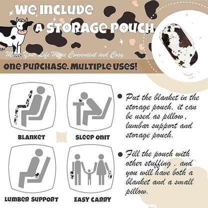 Bnuitland Brown Cow Print Flannel Throw Blanket (60x80 Inches) with Storage Pouch,300 GSM Double Sided Twin Size Bed Fleece Blanket, Super Soft Cozy Outdoor Lap Throw, Lightweight Fuzzy Home Decor