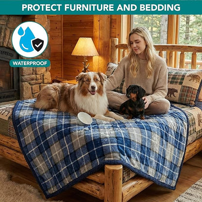 PetAmi Waterproof Dog Blanket for Medium Large XL Dog Puppy Cat Throw for Couch Cover Leakproof Protection, Sherpa Fleece, Reversible Soft Washable 80x60 Plaid Navy Blue