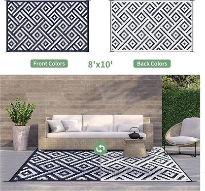 GENIMO Outdoor Rugs 8x10 Waterproof, Reversible Mats, Area Plastic Straw Rug, Outside Carpet, Geometric Rv Mat for Patio Camping Rv Picnic Backyard Deck Balcony Porch Beach Trailer (Navy Blue & White)