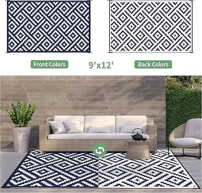 GENIMO Outdoor Rug for Patio Clearance,9'x12' Waterproof Large Mat,Reversible Plastic Camping Rugs,Rv,Porch,Deck,Camper,Balcony,Backyard (Navy Blue & White)