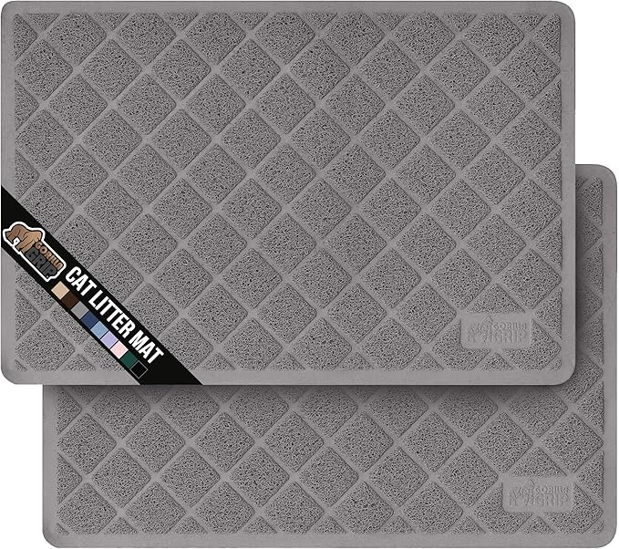 GORILLA GRIP Cat Litter Box Mat, Water Resistant, US Designed Kitty Litter Trapping Mats, Easy to Clean, Scatter Control, Less Mess and Clean Floors, Kitten Supplies for Indoor Cats 24x17 Grey 2 Pack