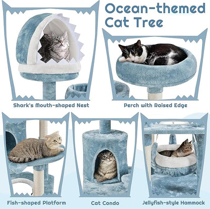 Yaheetech 61in Tall Ocean-Themed Cat Tree, Multi-Level Cat Tower with Shark's Mouth-Shaped Nest, Fish-Shaped Platform, Sisal Scratching Posts, Plush Pet Bed Furniture as Kitty Activity Center
