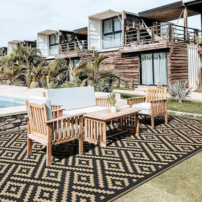 GENIMO Outdoor Rug for Patio Clearance, 8'x16' Waterproof Camping Mat, Reversible Plastic Straw Rugs for RV, Camper, Balcony, Backyard, Picnic, Deck, Black & Brown
