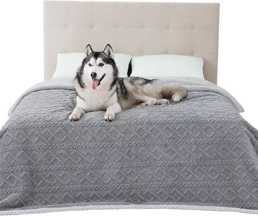 Bedsure Waterproof Dog Blankets for Bed - Pet Blanket for Bed Couch Protector Washable, Jacquard Coral Fleece Cat Throw Blanket, Soft Plush Reversible Furniture Protection, King, 86x108, Grey
